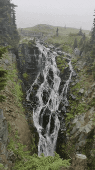 Waterfall flowing through a green, misty canyon